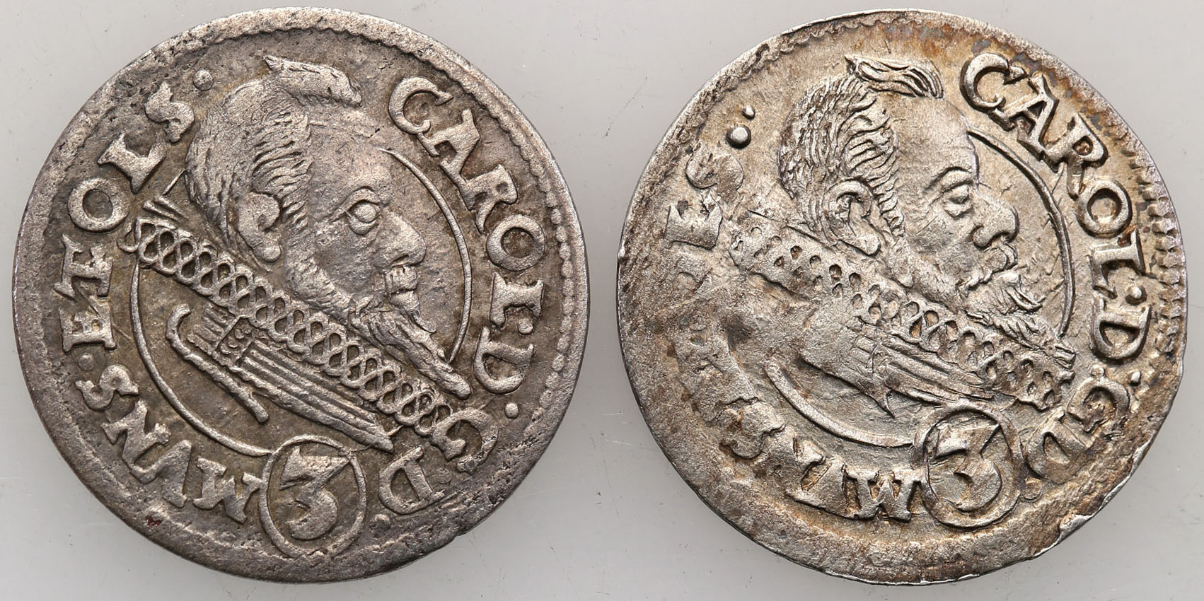 Śląsk, Księstwo Ziębicko-oleśnickie. Karol II (1548-1617). 3 krajcary 1613, 1614, Oleśnica, zestaw 2 monet Patyna. Zestaw 2 monet.